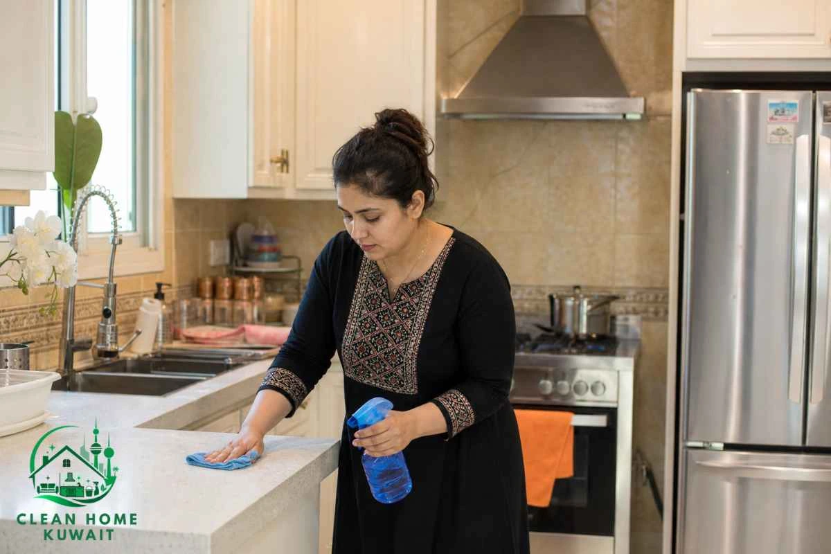 A Women is cleaning her kitchen for Apartment Cleaning Kuwait